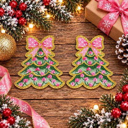 Pink Bow Christmas Tree Embroidered Patch
