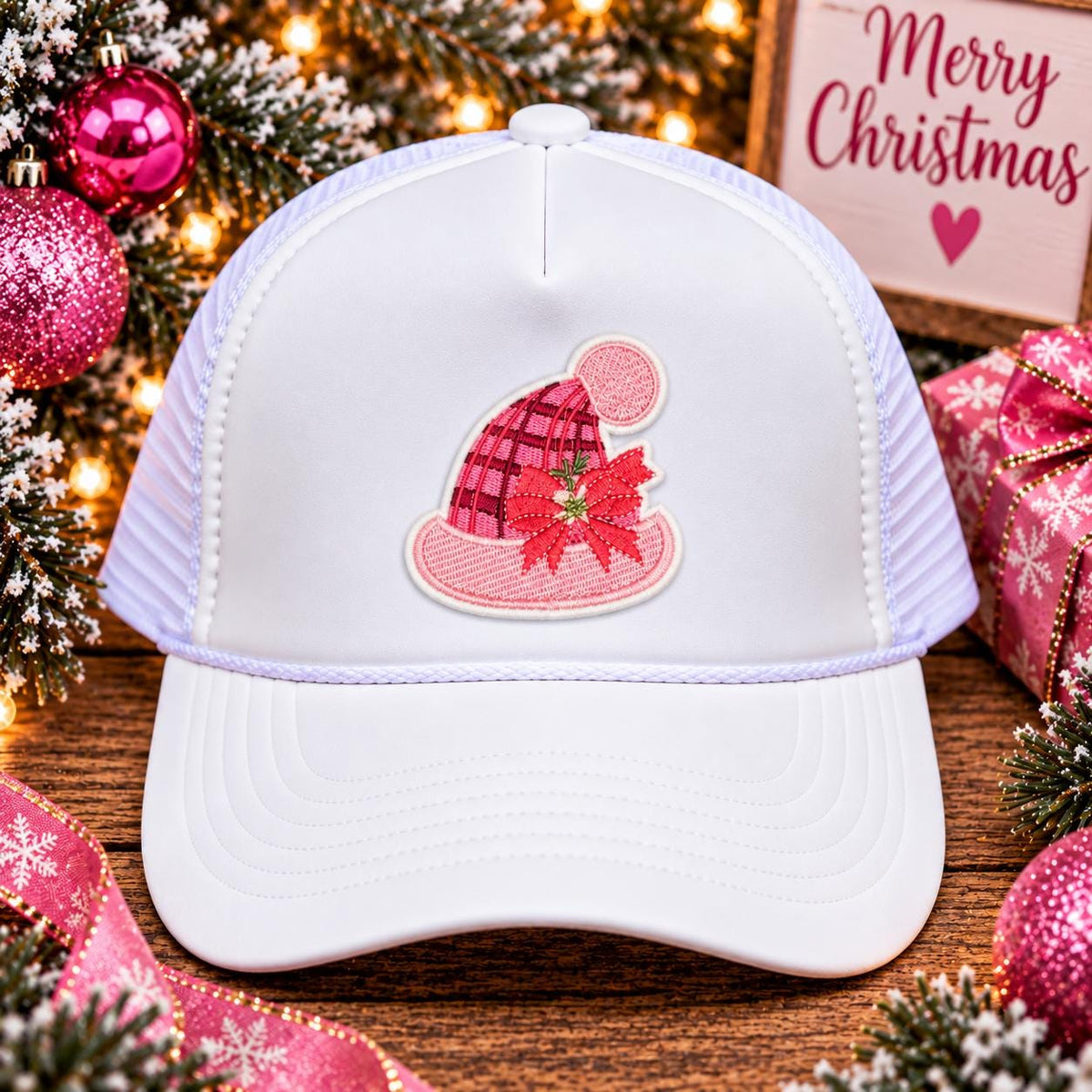 Pink Plaid Santa Hat Christmas Embroidered Patch