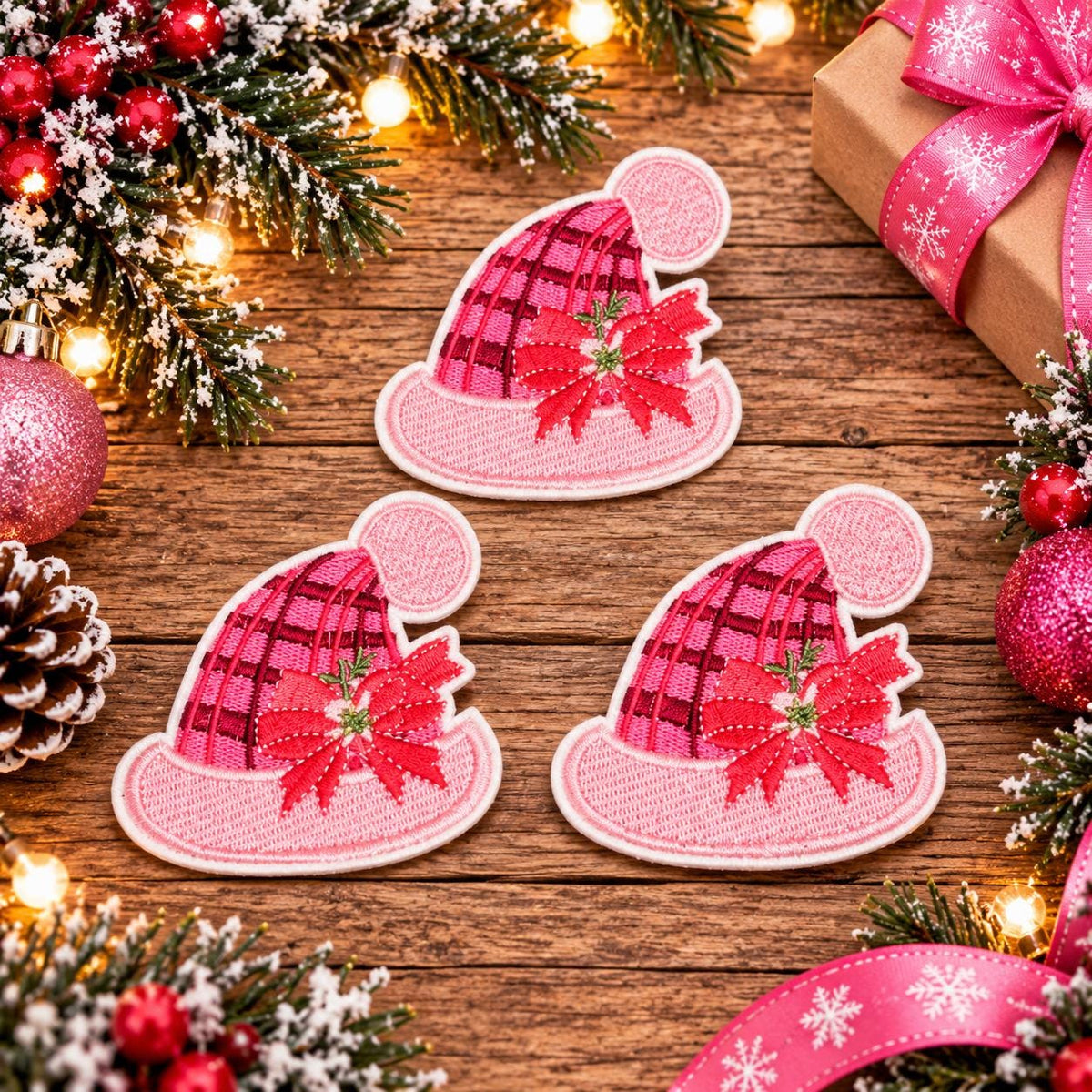 Pink Plaid Santa Hat Christmas Embroidered Patch