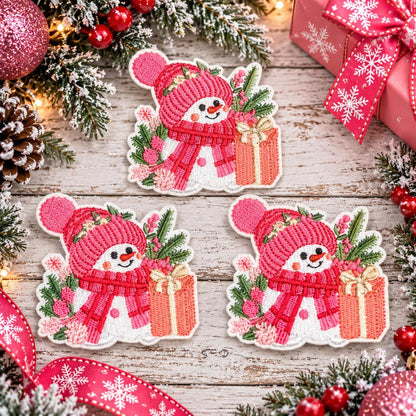 Pink Snowman Christmas Embroidered Patch