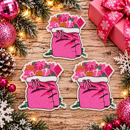 Pink Santa Gift Sack Christmas Embroidered Patch
